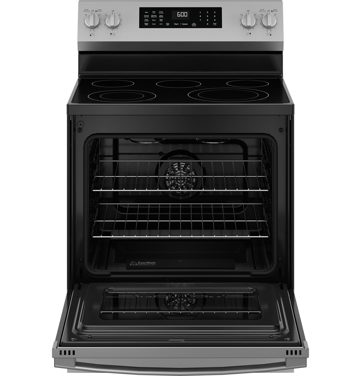 Open free-standing electric convection range with smooth cooktop and digital control panel from kitchen appliances collection