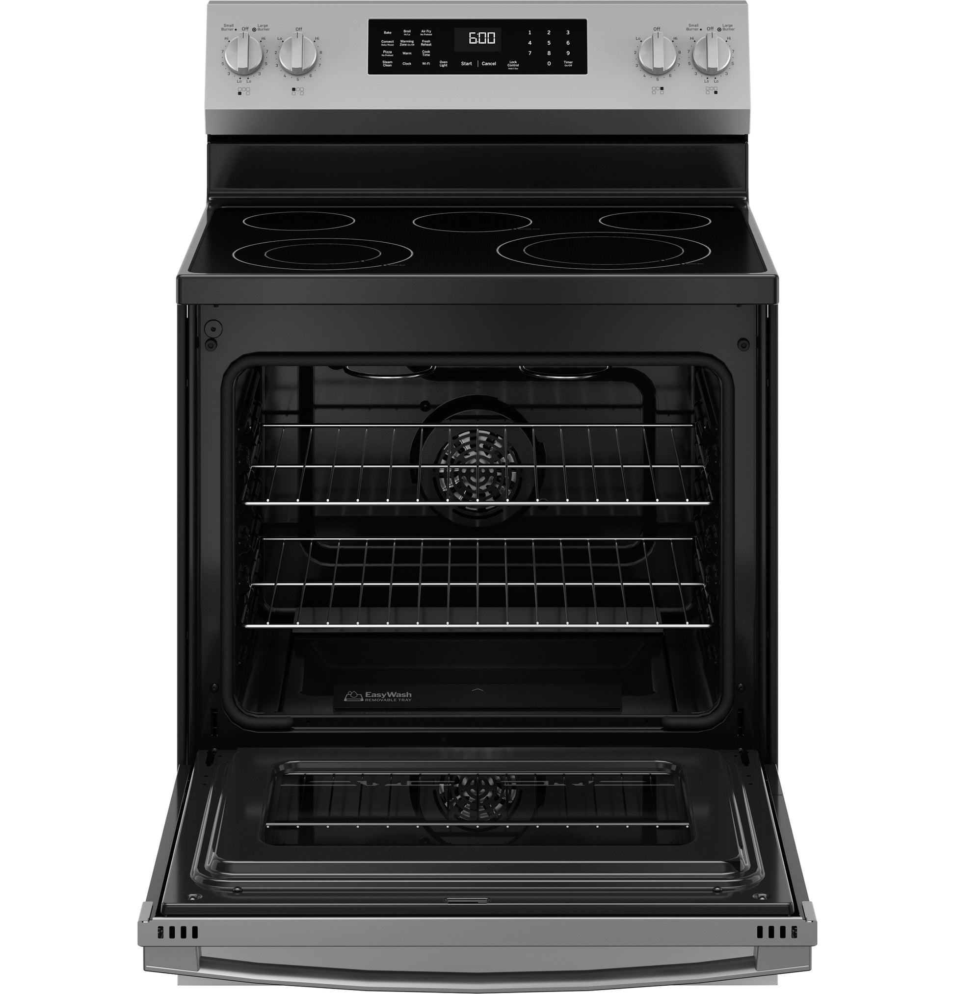 Open free-standing electric convection range with smooth cooktop and digital control panel from kitchen appliances collection