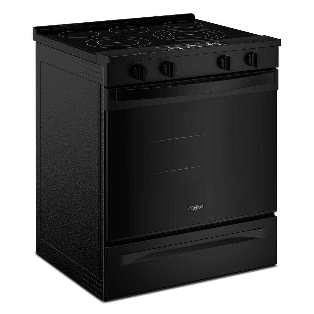 Black electric range with four burners, front control knobs, and a large oven door in kitchen appliances collection