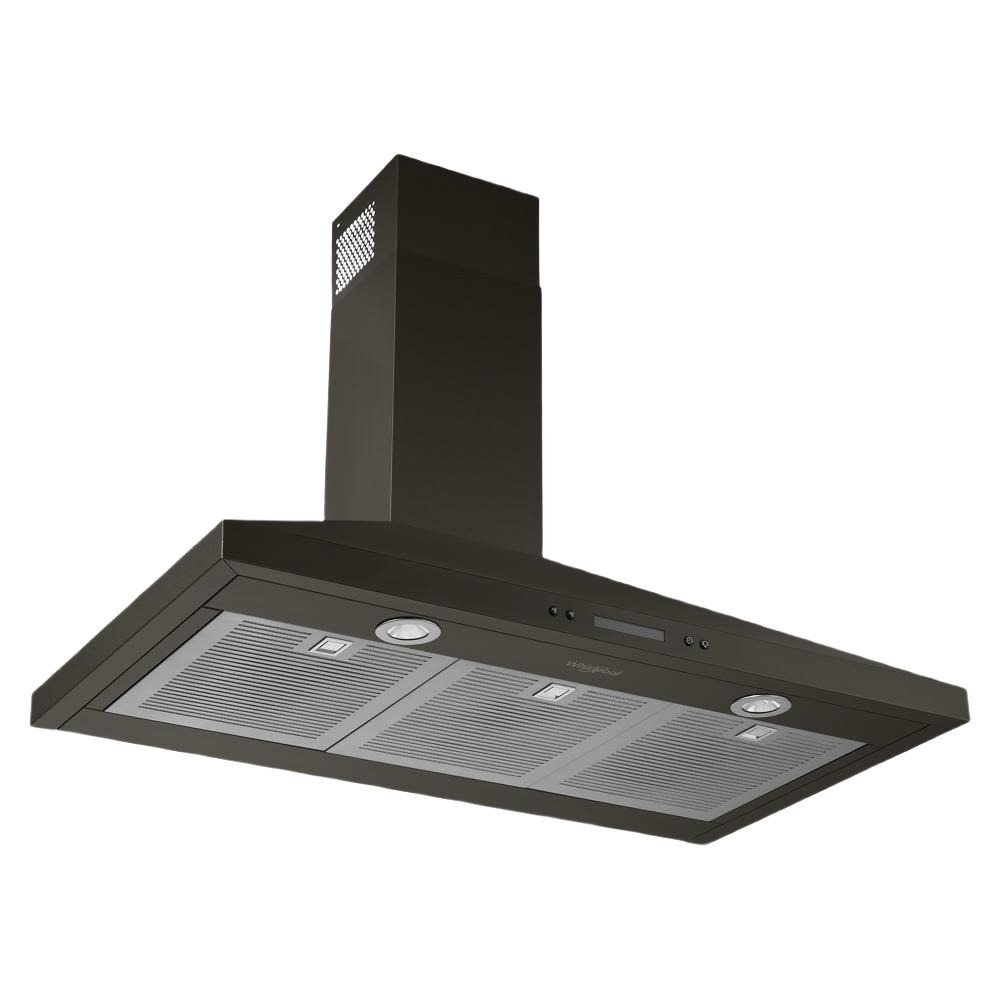 36-inch black chimney wall mount range hood with dishwasher-safe grease filters and LED lighting in kitchen appliances collection