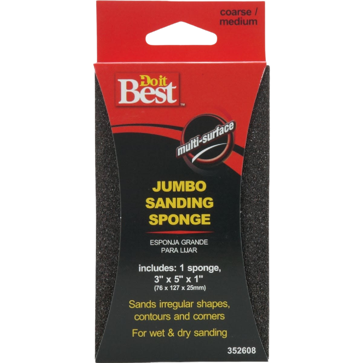 Medium coarse jumbo sanding sponge designed for wet and dry use on irregular surfaces in home improvement tasks