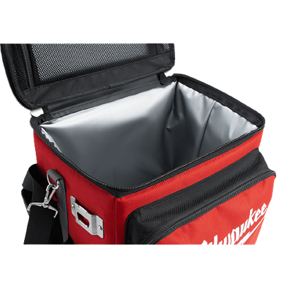 Red insulated jobsite cooler with double-wall lining, heavy-duty zippers, and durable ballistic fabric base for workshop use