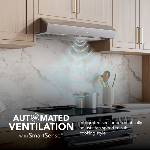 Stainless steel under cabinet range hood with SmartSense sensor, automated ventilation, and three-speed fan control in kitchen appliances