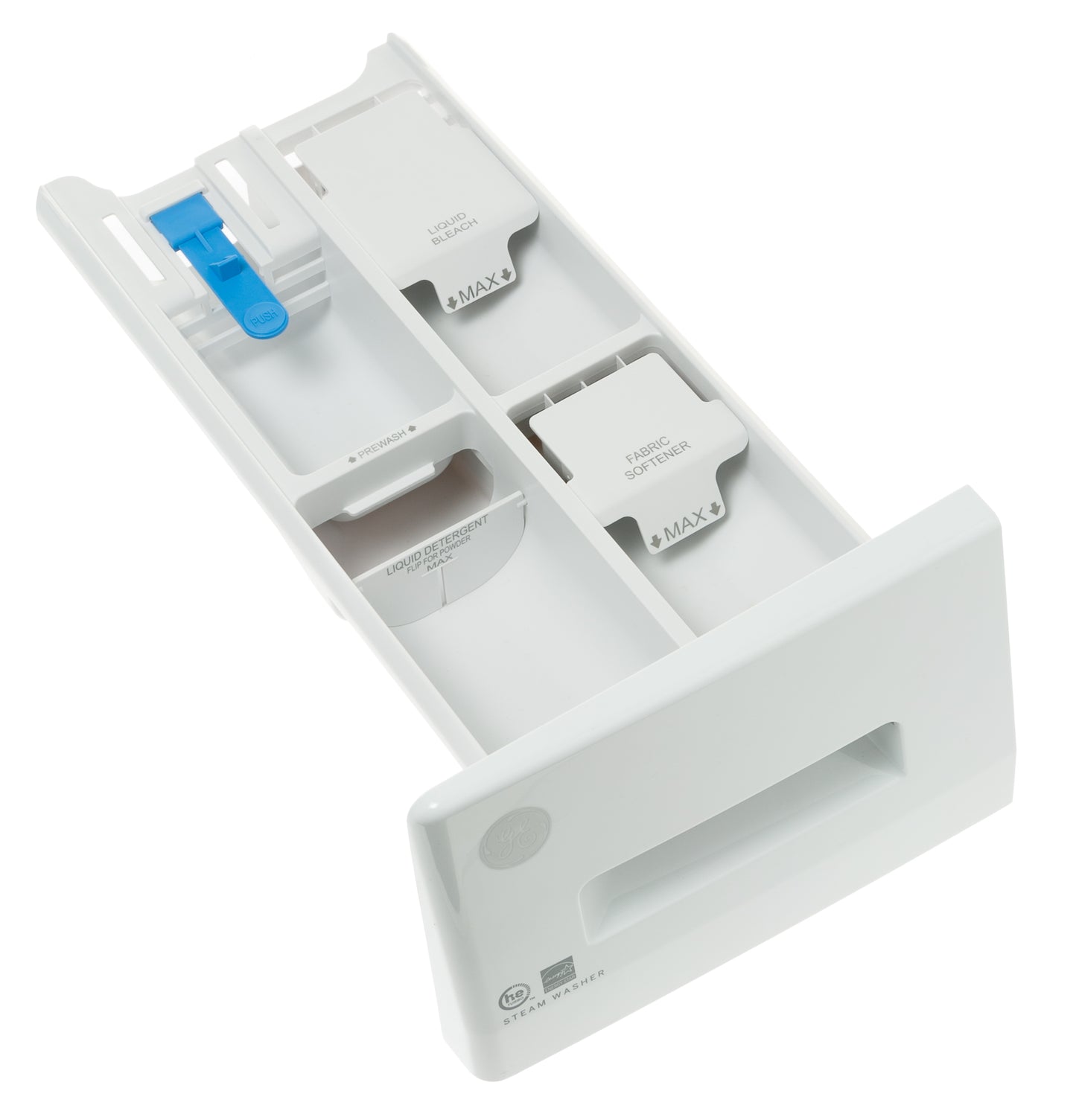 White detergent and fabric softener dispenser drawer for a front load washer from appliance parts collection