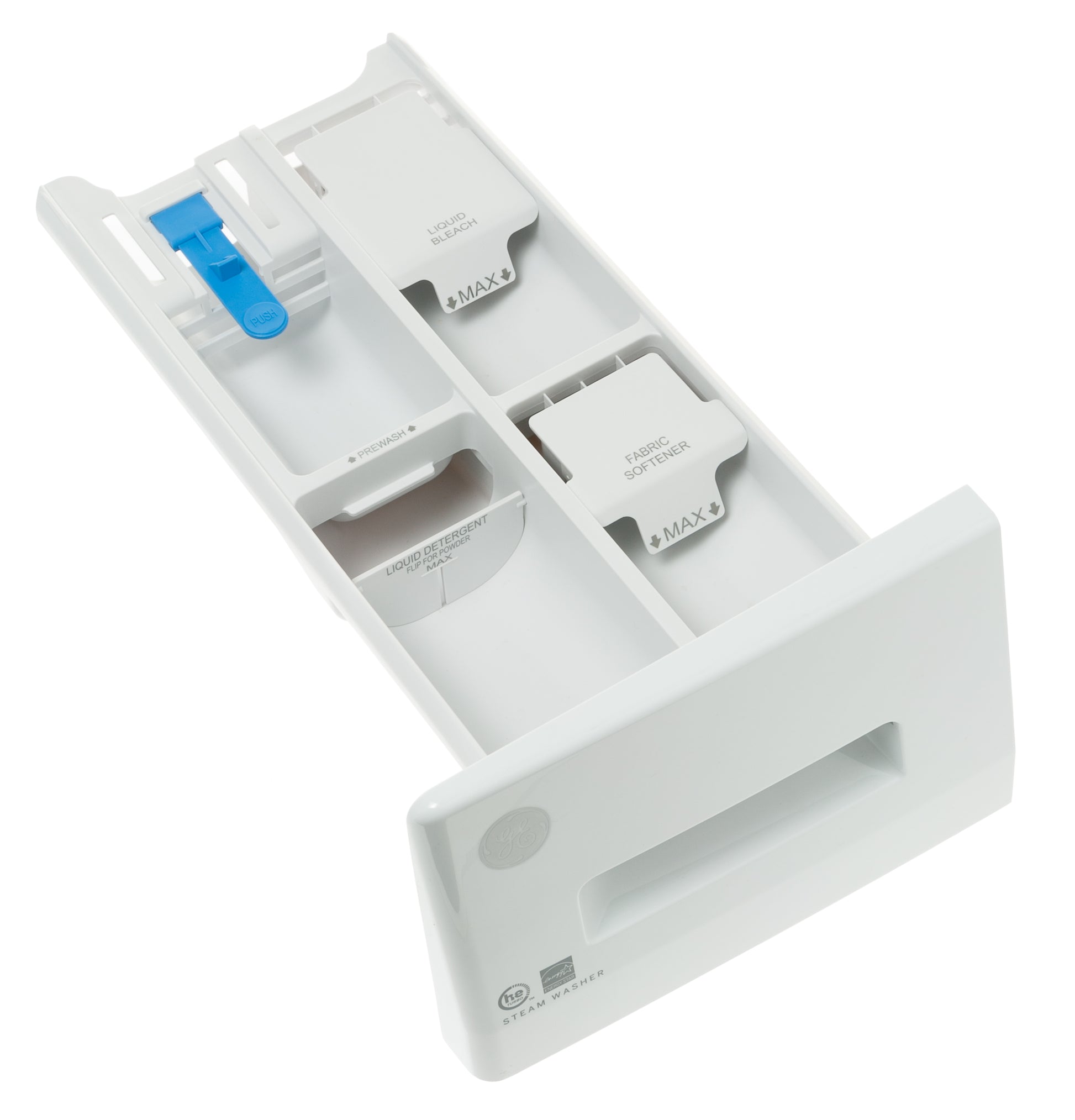 White detergent and fabric softener dispenser drawer for a front load washer from appliance parts collection