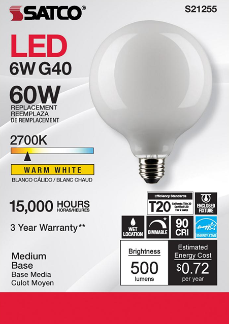 Satco LED bulb with medium base, warm white light, 500 lumens, dimmable, energy-efficient for home improvement lighting.