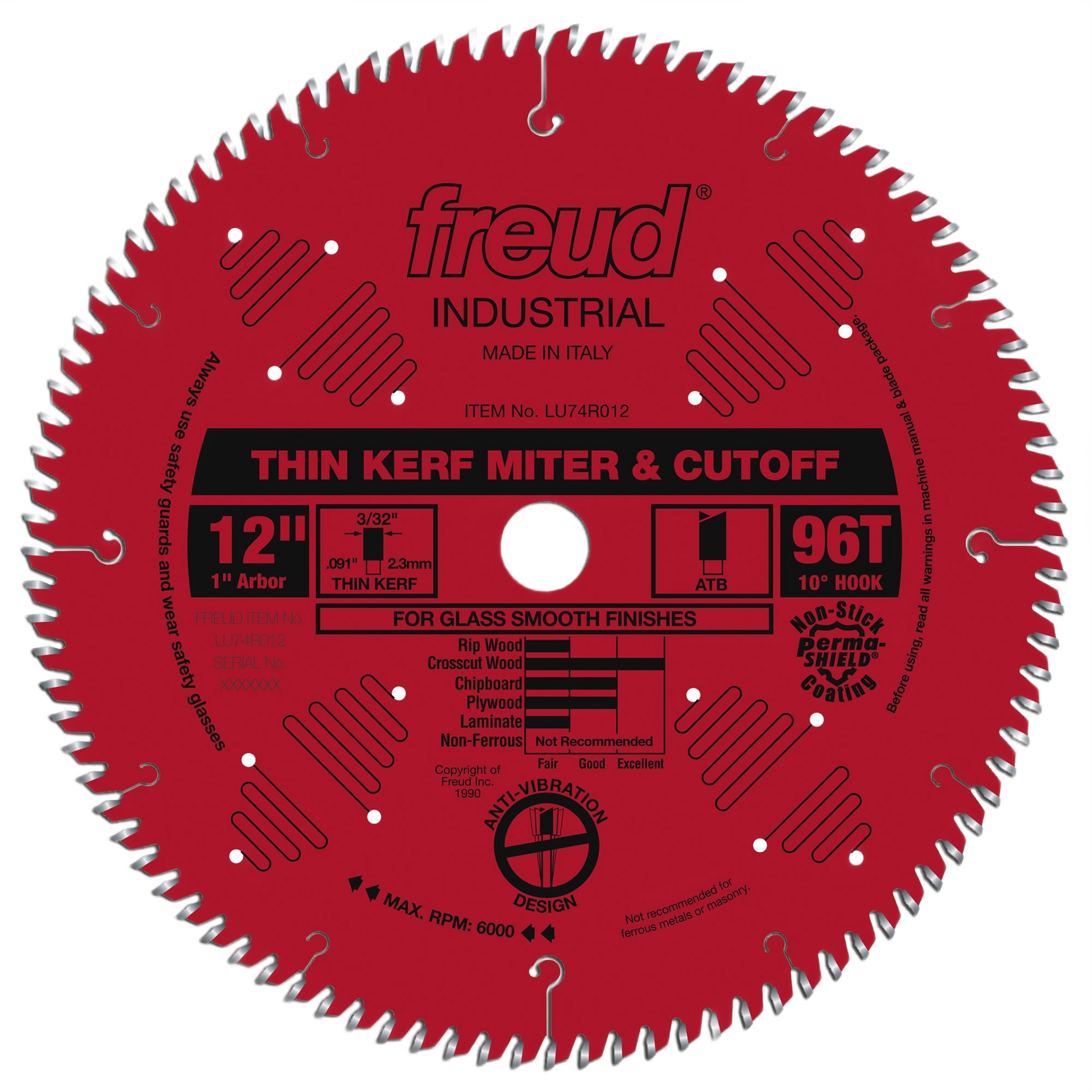 Red industrial saw blade with 96 teeth, designed for smooth cuts in wood and plywood for home improvement projects