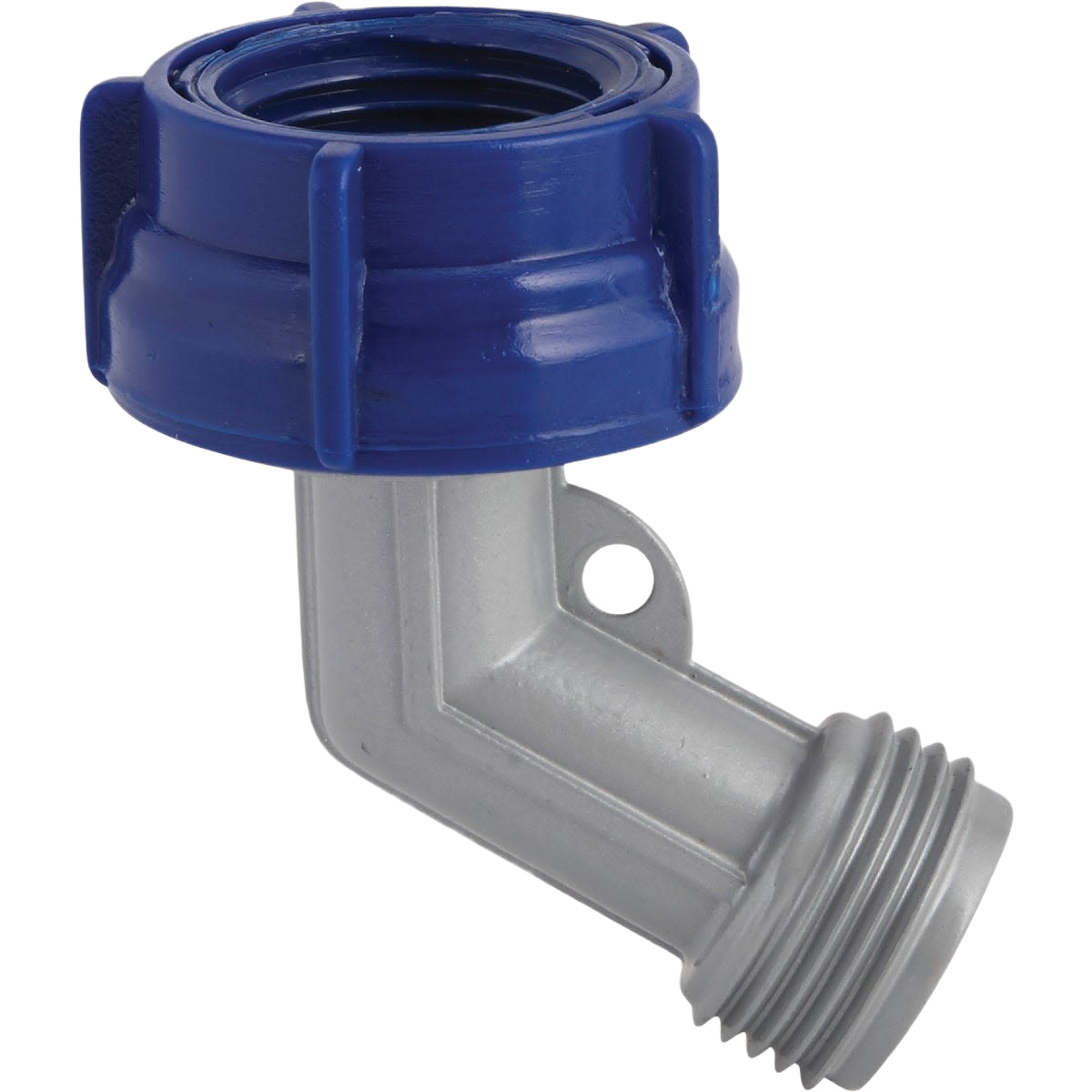 Metal garden hose connector with blue plastic threaded grip and angled gooseneck design for tool and home improvement use