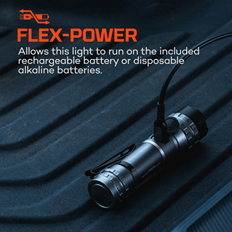 Compact rechargeable flashlight connected to charging cable adaptable for alkaline or battery power in hand tool sets