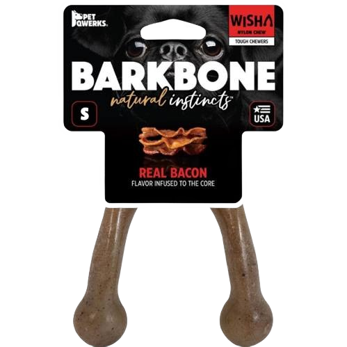 Small bacon-flavored dog chew in a wishbone shape designed for durable and safe pet enjoyment