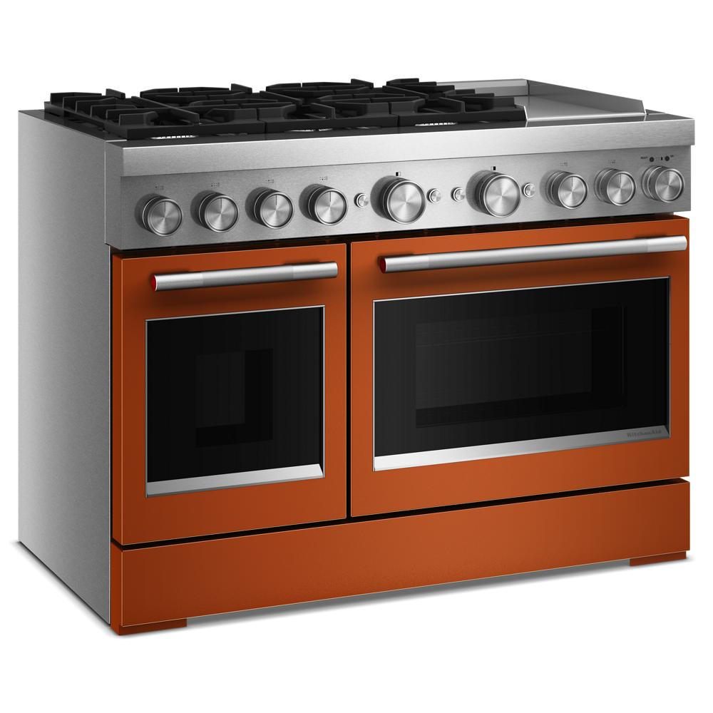 48-inch orange dual fuel range with six burners, electric griddle, and double oven in KitchenAid appliances collection