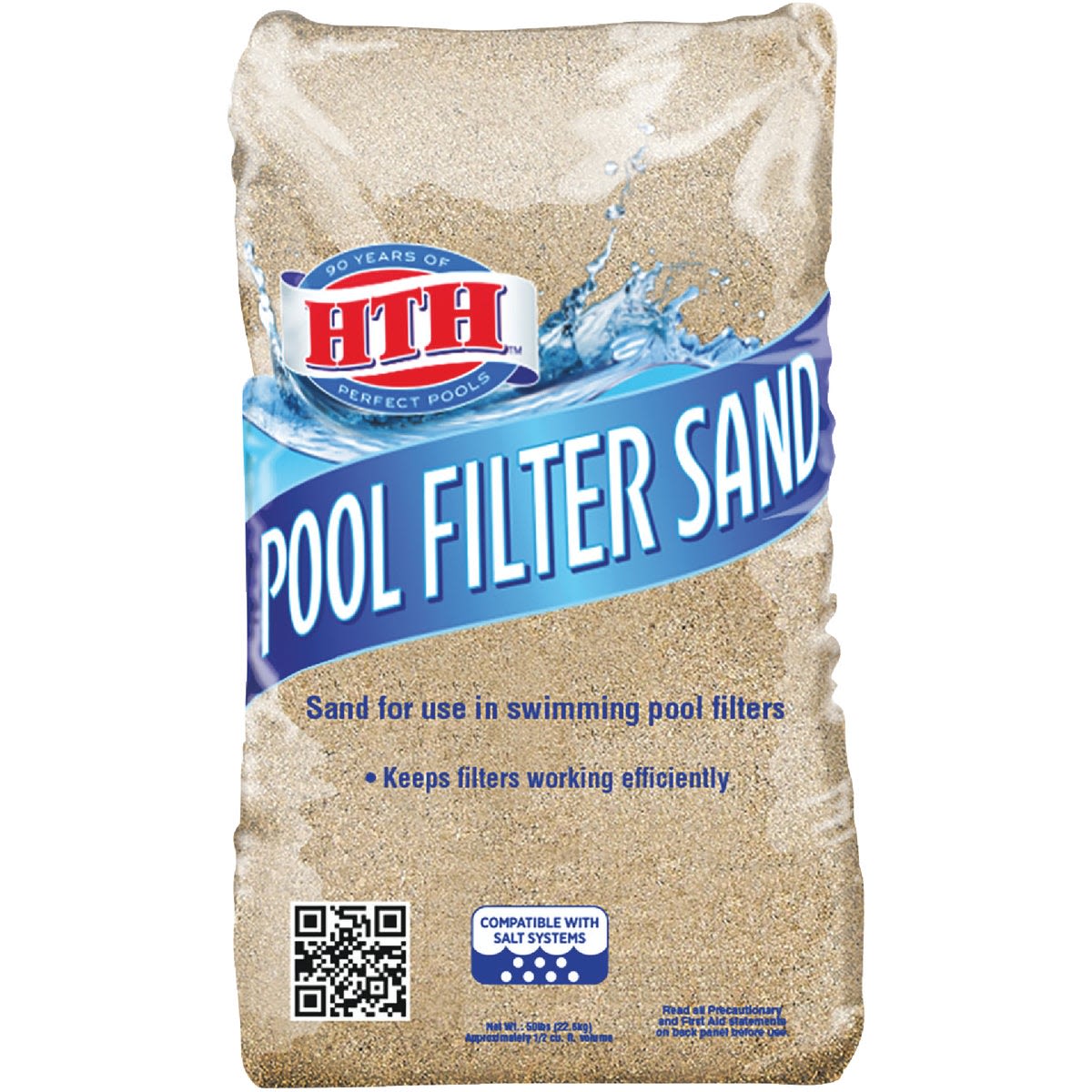 Bag of pool filter sand with label highlighting use for swimming pool filters and compatibility with salt systems