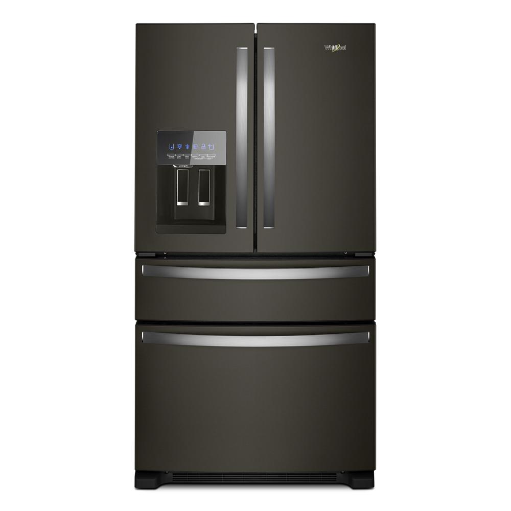 Black stainless steel 36-inch wide French door bottom mount refrigerator with external water and ice dispenser, part of Refrigerators, French Door Refrigerators, Kitchen & Kitchenware, and Appliances collections.