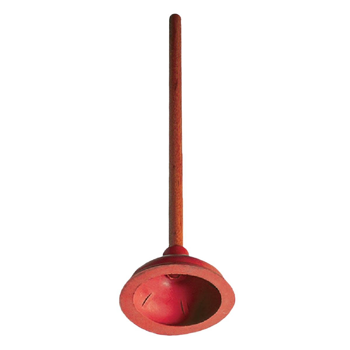 Red rubber toilet plunger with wooden handle designed for effective home improvement and plumbing tasks