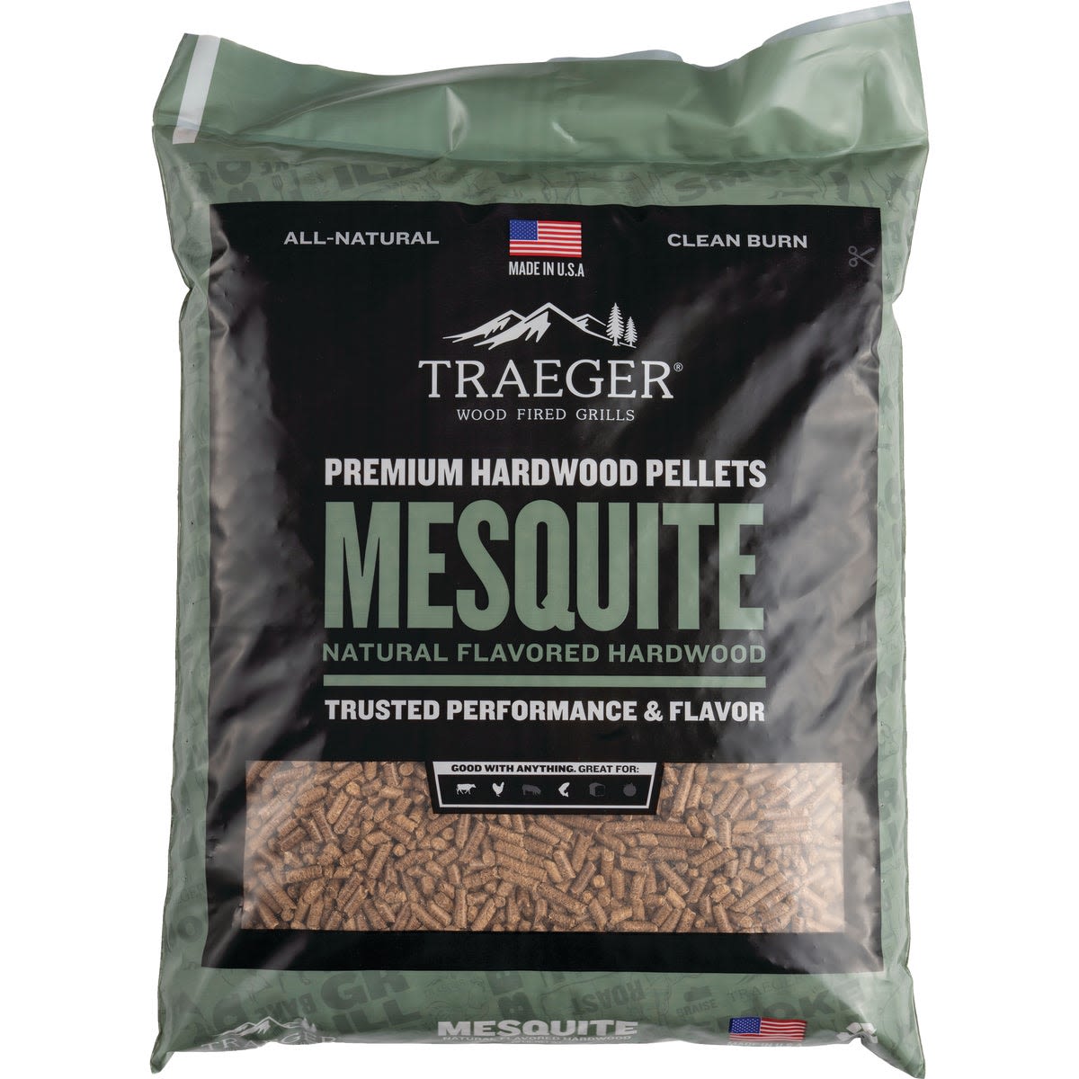 Bag of Traeger mesquite hardwood pellets for grilling with natural flavor in outdoor living and Traeger collections