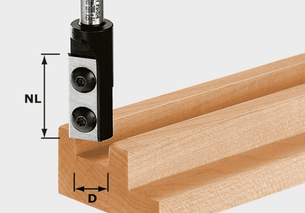 Woodworking straight bit with adjustable cutting edges shown making a groove in wood for tool accessories and home improvement