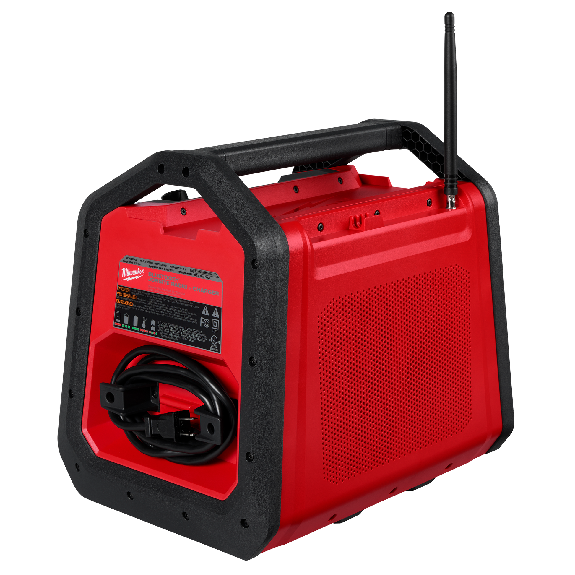 Red and black Milwaukee M18 Bluetooth jobsite radio and charger with durable handle, side speaker grille, antenna, and coiled power cord, part of tool accessories at Hartville Hardware.