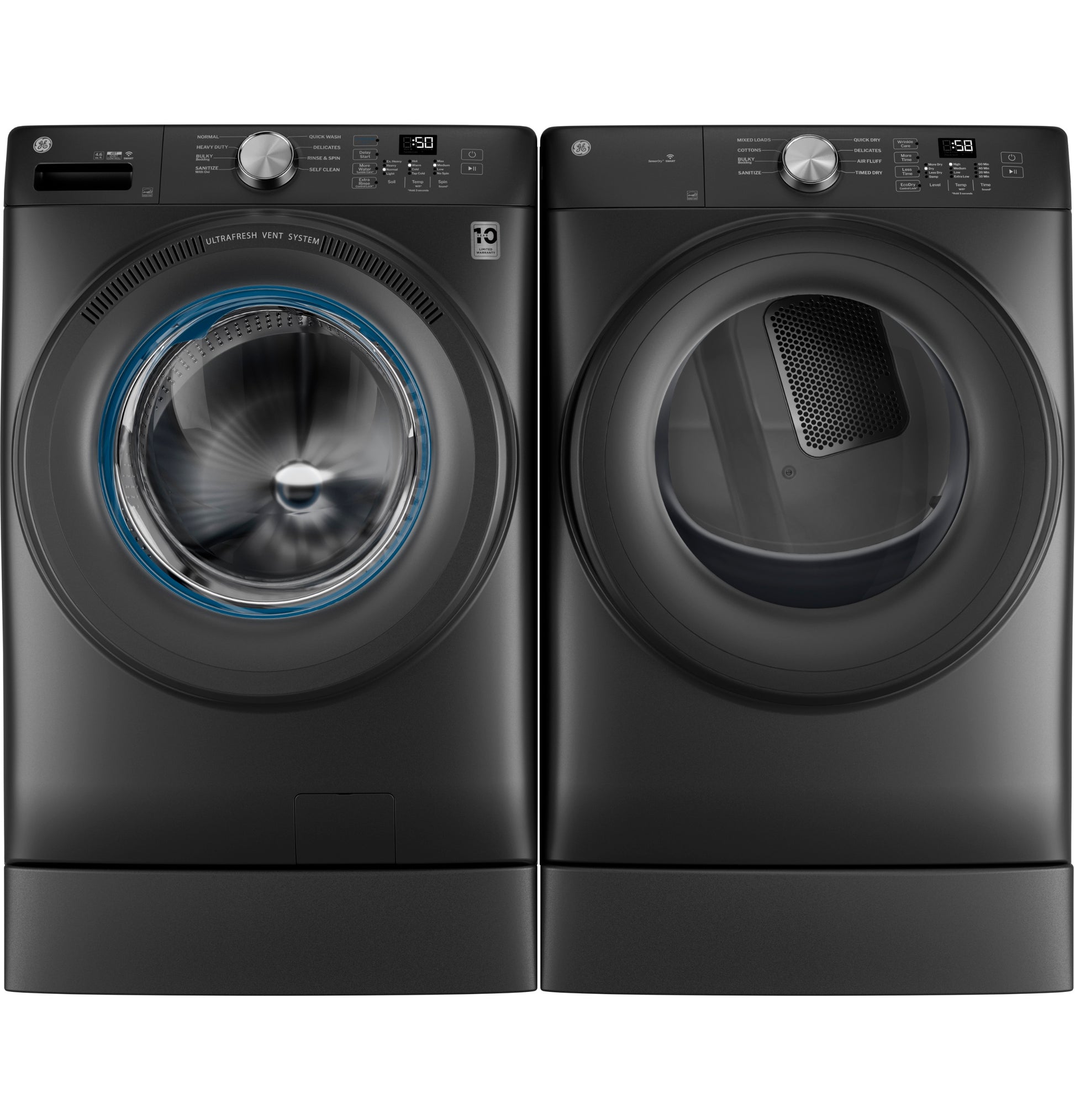 Front load black smart washer and dryer pair with digital controls, part of Dryers and Washers & Dryers appliances collection