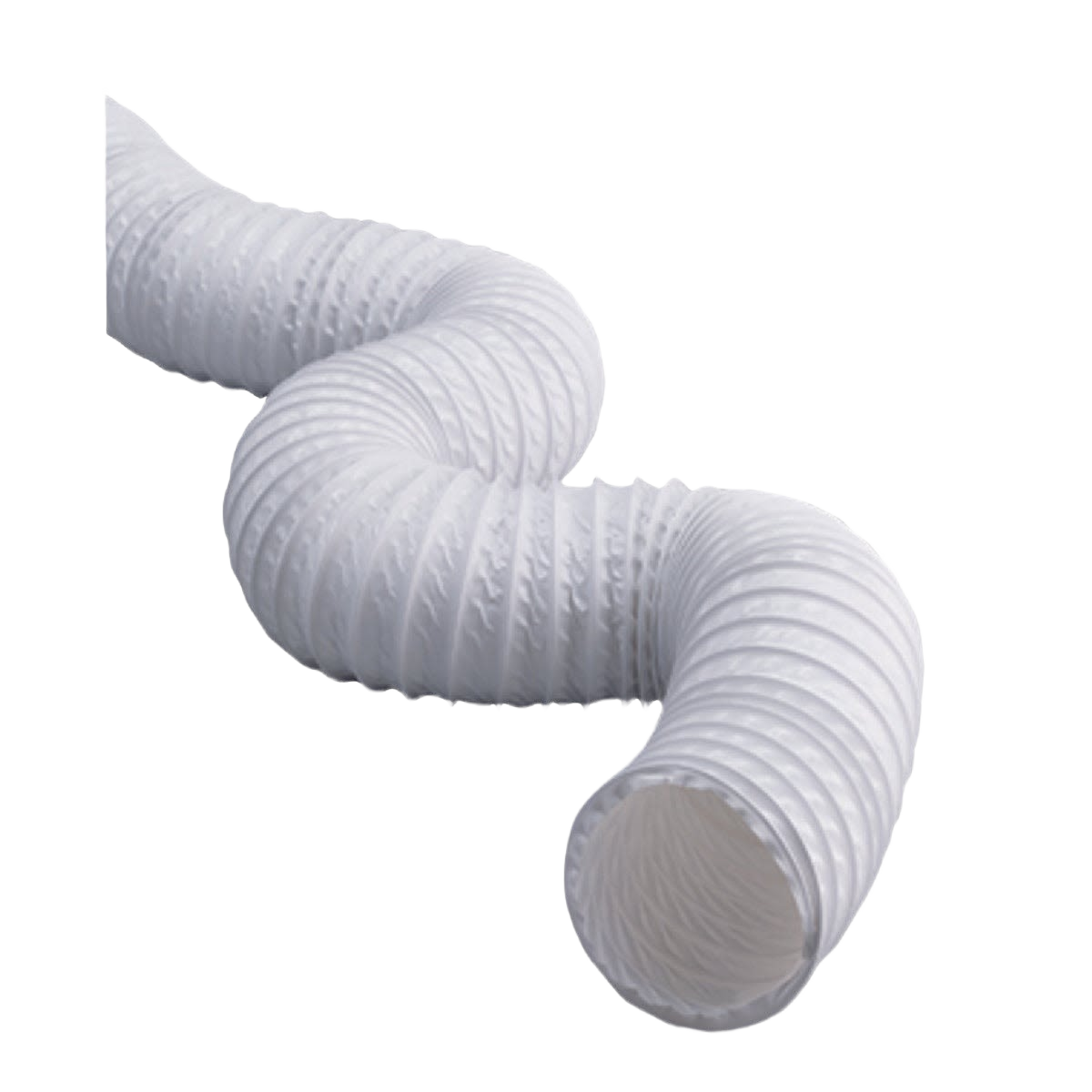 White vinyl flexible ducting hose with ribbed texture for air ventilation in tools and home improvement projects