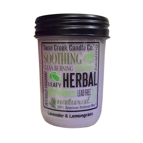 Lavender and lemongrass scented jar candle in purple with natural, herbal aroma for home accents and decor collections