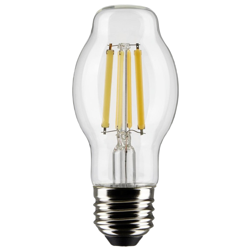 Clear LED filament light bulb with medium base for energy-efficient home and office lighting solutions.