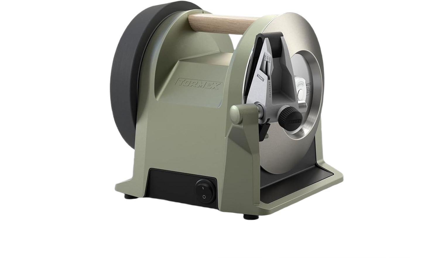 Compact ash green knife sharpener with wooden handle and adjustable sharpening wheel for home tools and kitchen knives