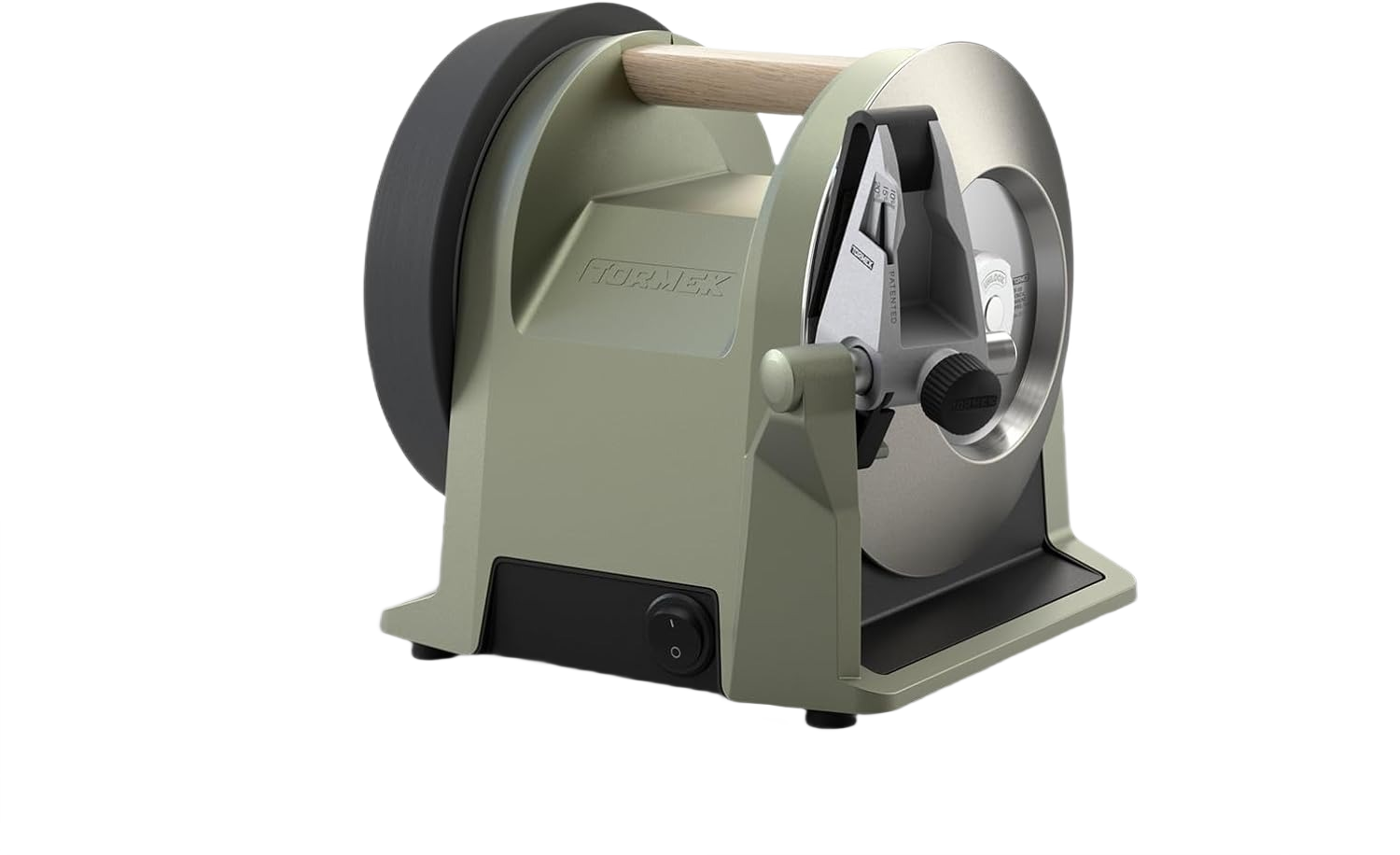 Compact ash green knife sharpener with wooden handle and adjustable sharpening wheel for home tools and kitchen knives