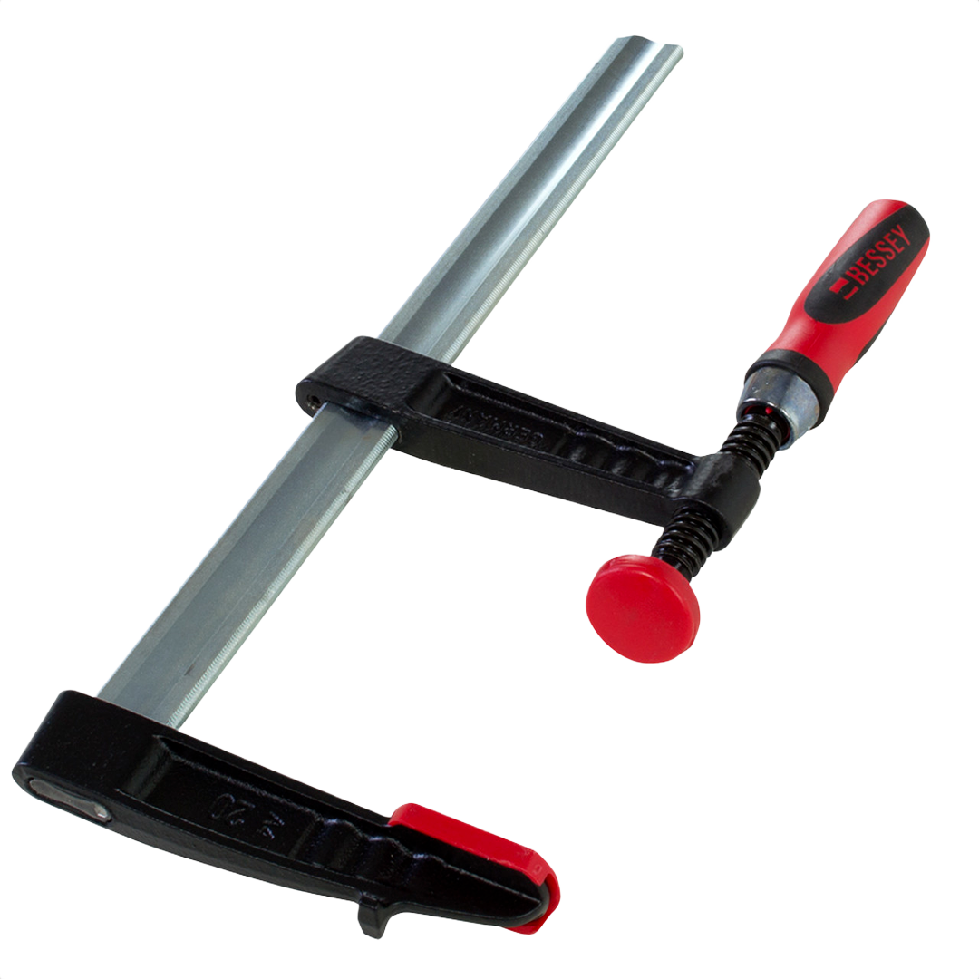 Medium duty metal clamp with red 2K handle for securing materials in tools and home improvement projects