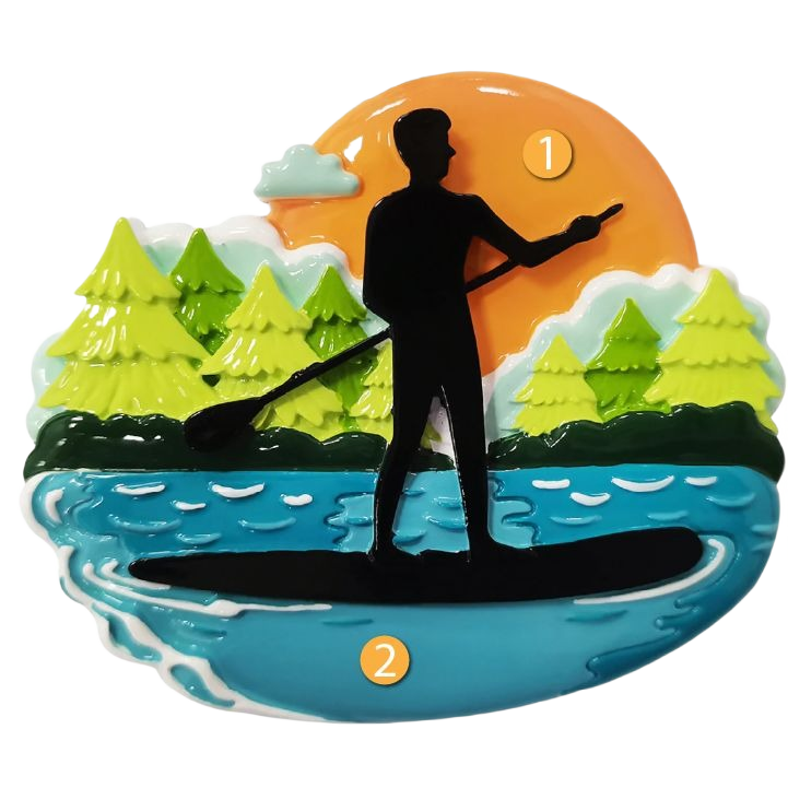 Male paddle boarder silhouette on water with trees and orange sunset for Christmas Ornaments & Tree Decorations collection