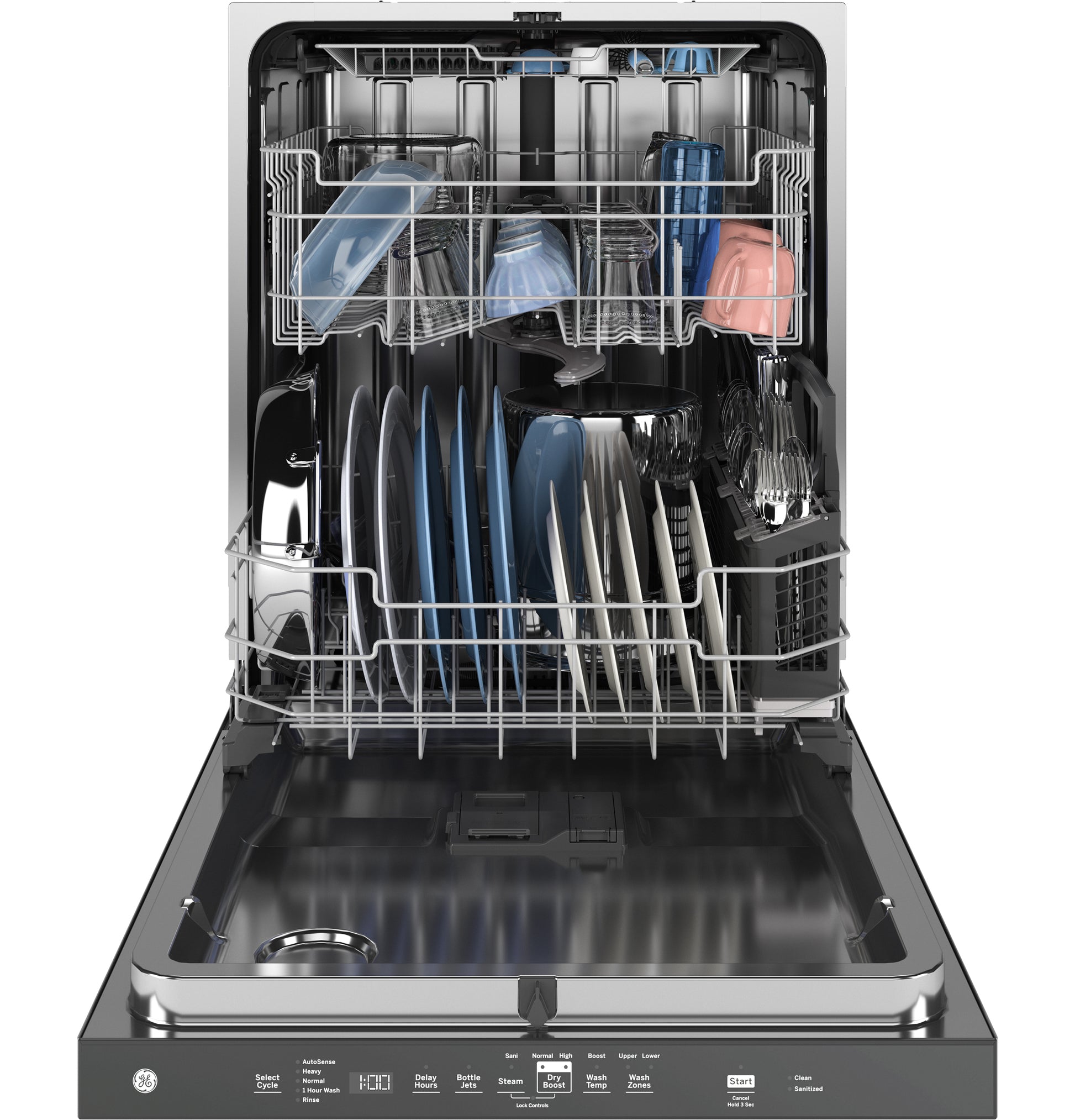 Open stainless steel interior dishwasher with top and bottom racks loaded with dishes from kitchen and appliances collection