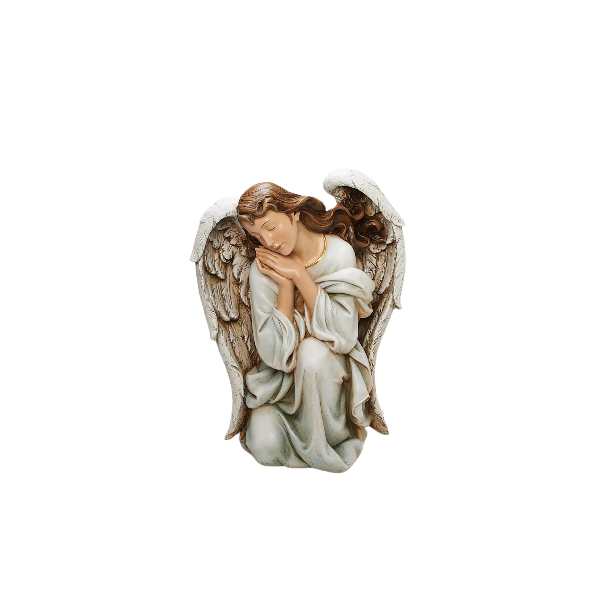 Kneeling angel statue with soft expression and detailed wings for Christmas and Nativity Scenes decor