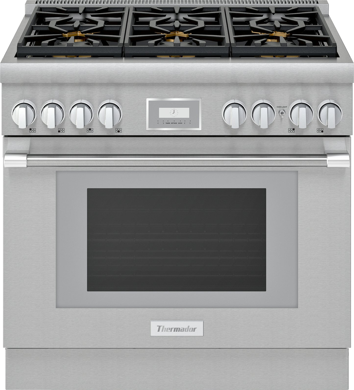 stainless steel dual fuel professional range with six burner cooktop, control knobs, digital display, and large oven window