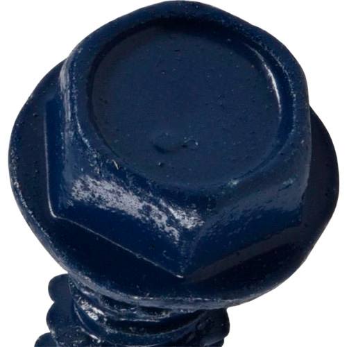 Close-up of a dark blue coated hex washer-head spring fastener for hardware and home improvement applications