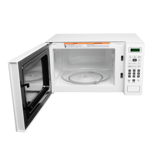 Compact white countertop microwave with open door, digital keypad, and interior glass turntable in kitchen setting