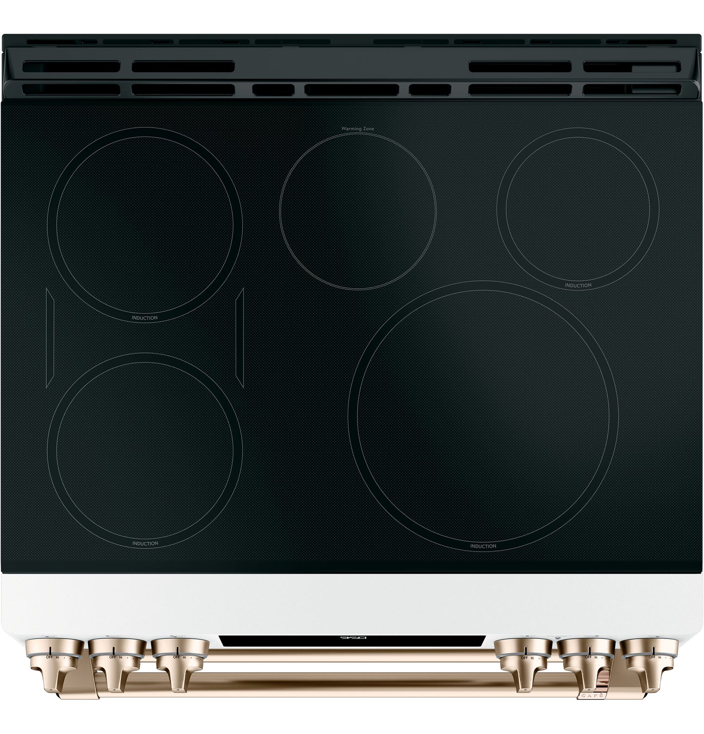 Black induction cooktop with five burners and bronze control knobs on smart slide-in range from kitchen appliances collection