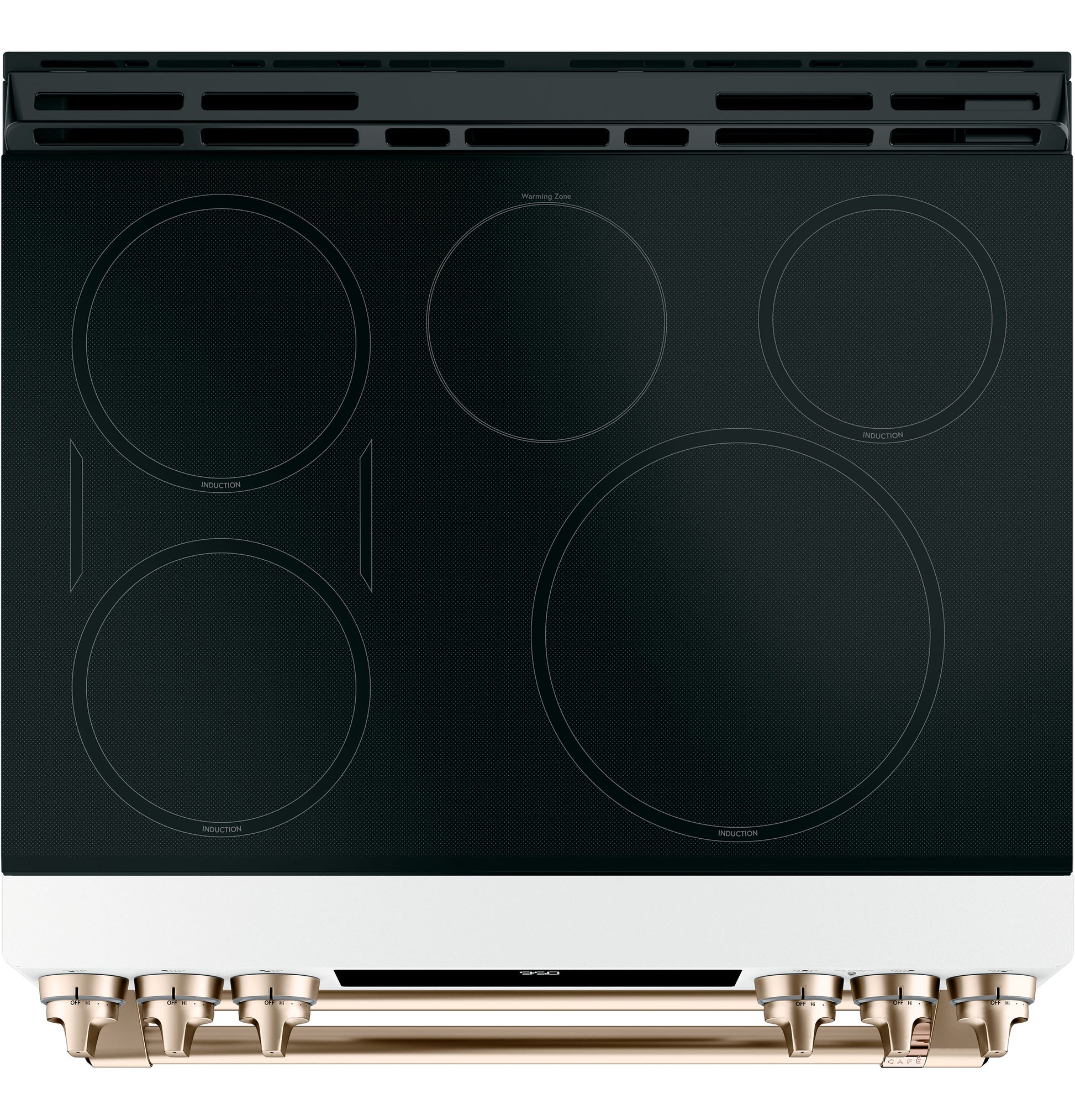 Black induction cooktop with five burners and bronze control knobs on smart slide-in range from kitchen appliances collection
