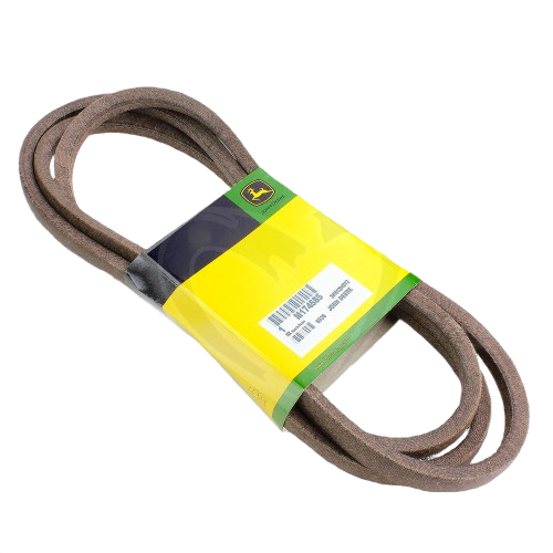 Brown V-belt for machinery with green and yellow branded packaging for tools and home improvement use