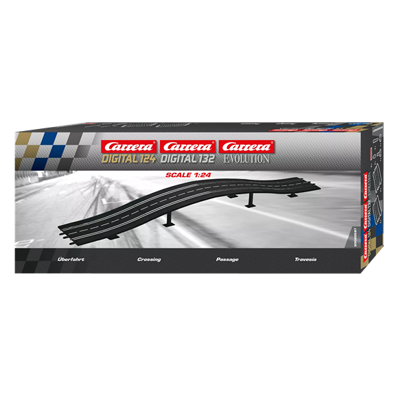 Slot car track crossing piece with elevated bridge design compatible with multiple Carrera digital racing sets.