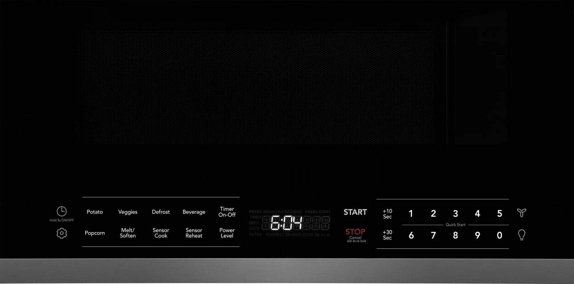 Black control panel of Frigidaire microwave with digital timer, sensor cook features, and touchpad buttons in Appliances collections