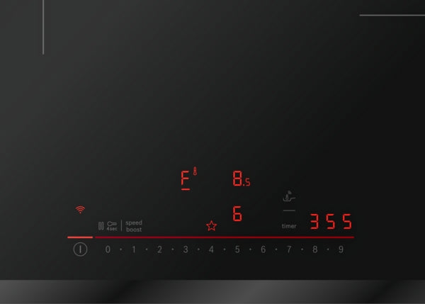 Black glass induction cooktop control panel with red digital display and touch-sensitive slider in Bosch kitchen appliances collection