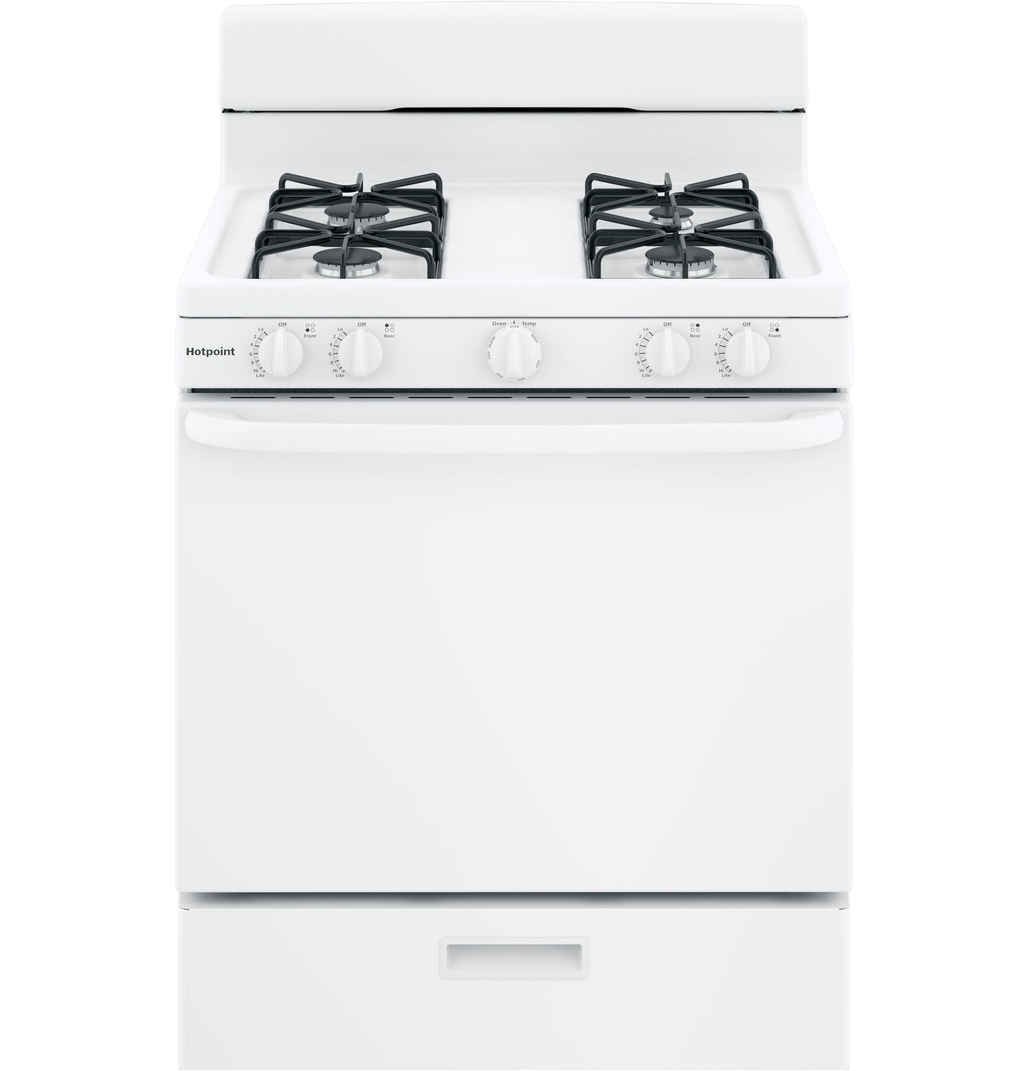 White free-standing gas range with four control knobs and two burners in kitchen appliance collection