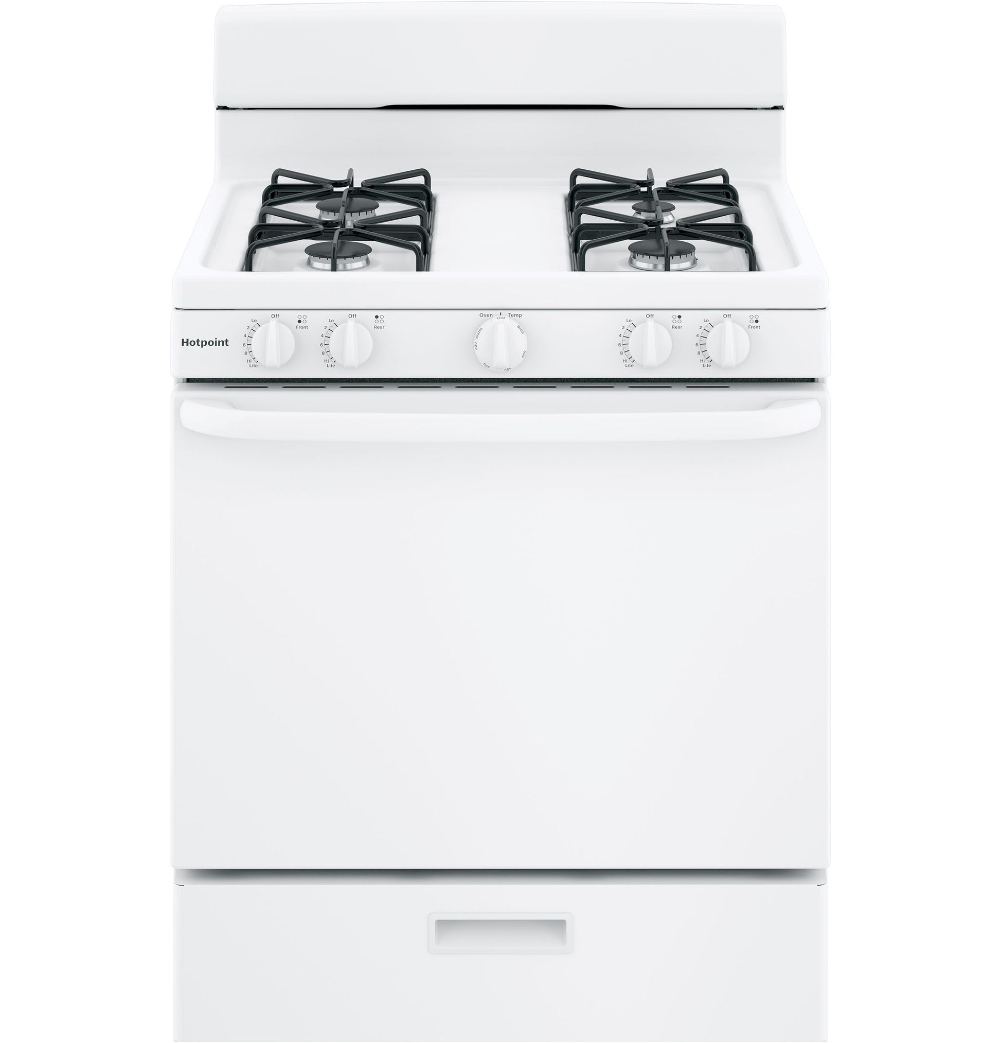 White free-standing gas range with four control knobs and two burners in kitchen appliance collection