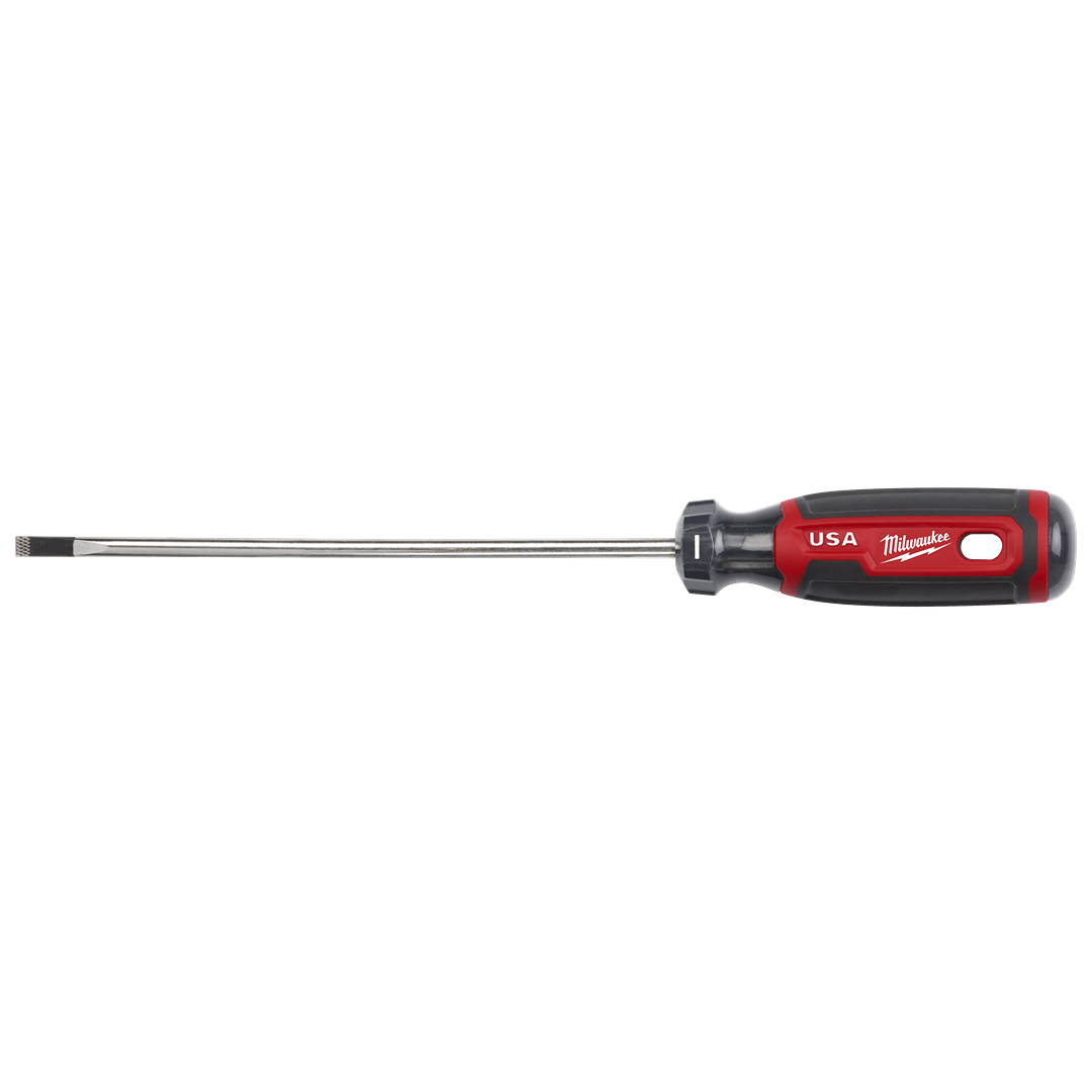 Red and black Milwaukee screwdriver with long metal shaft and cushioned grip handle for home improvement tasks