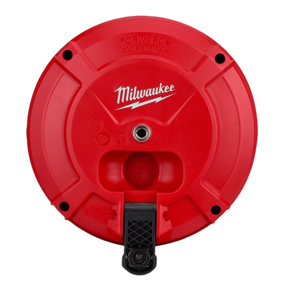 Red circular cable drive housing with Milwaukee logo, designed for home improvement and plumbing applications