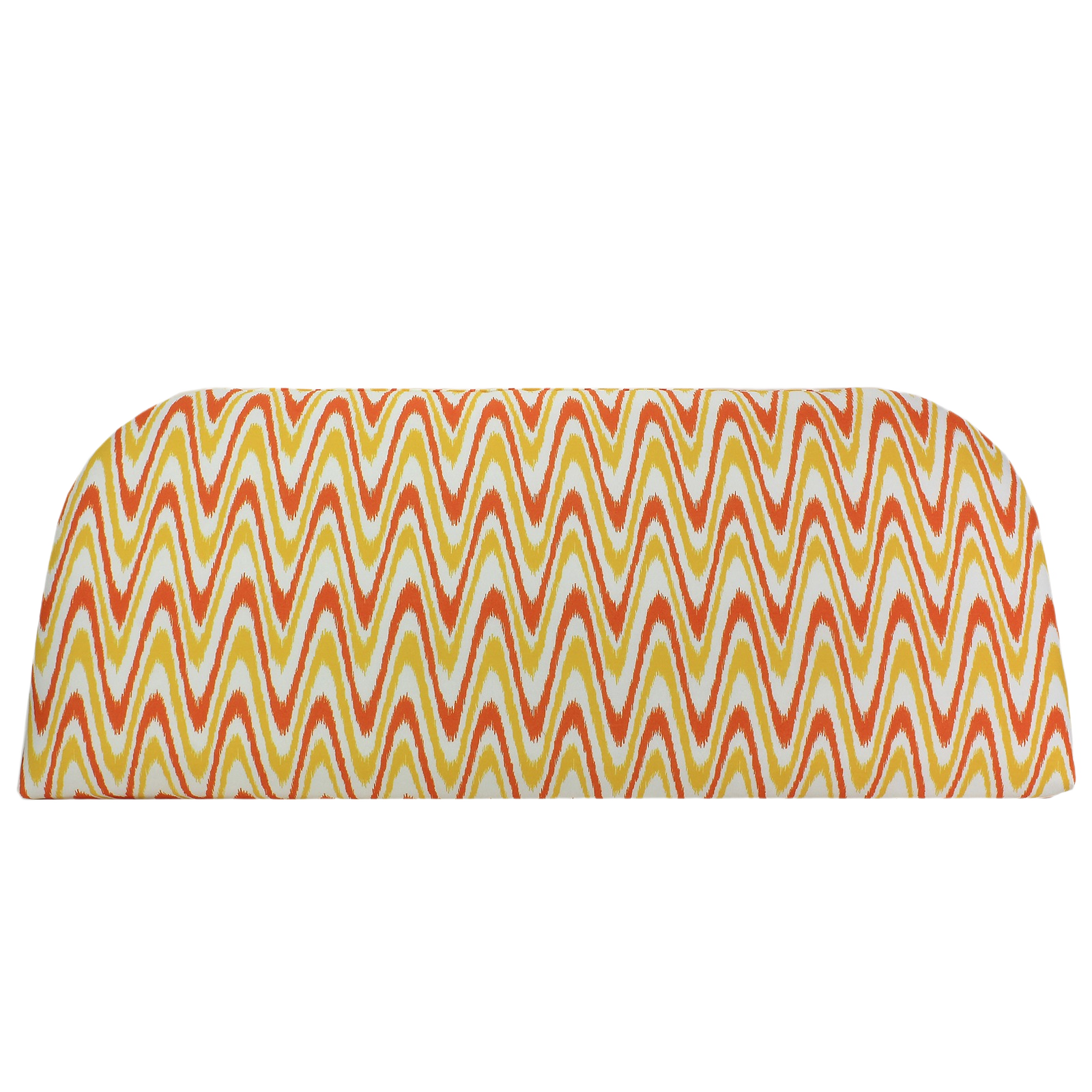 Bench cushion with vibrant orange and yellow wavy pattern designed for casual home and outdoor seating comfort