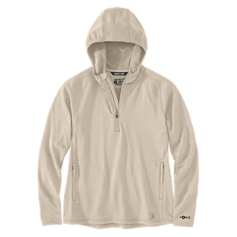 Oat milk-colored hooded half-zip shirt with relaxed fit, long sleeves, and front zip pockets for women’s tops collection