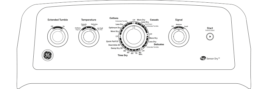 Control panel of electric dryer featuring sensor dry and multiple drying cycle options in home appliances collection
