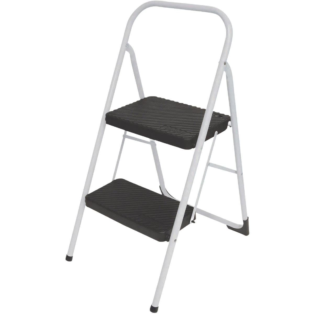 Two-step folding stool with slip-resistant black polypropylene steps and white metal frame for ladders and home improvement.