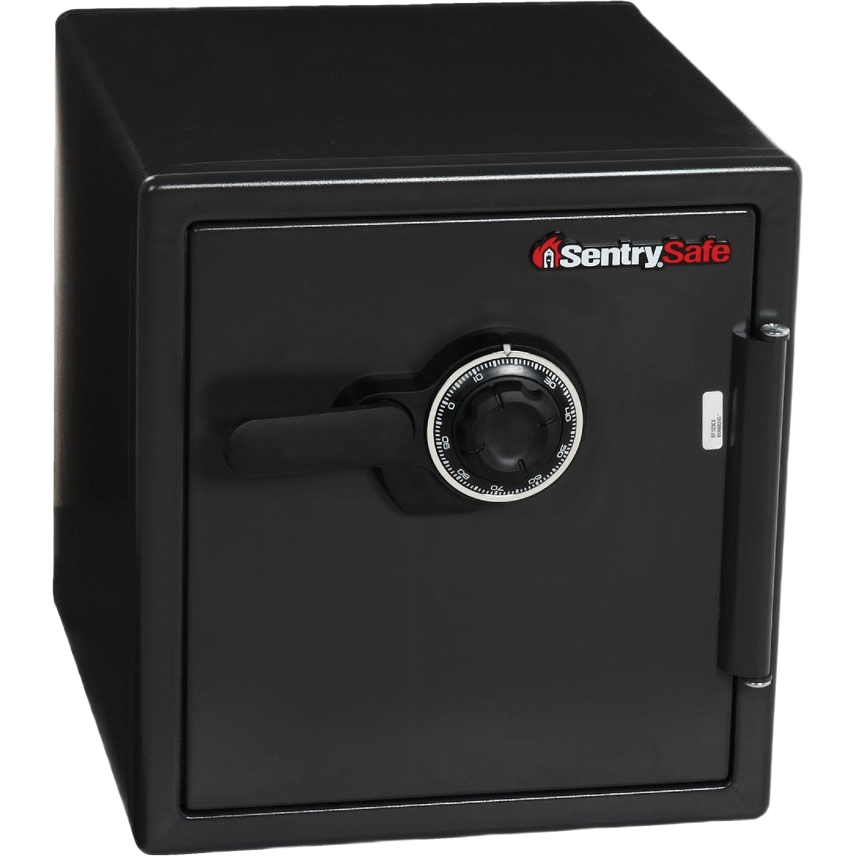 Black fire-resistant floor safe with combination lock and sturdy handle for home security and tool storage in hardware collection