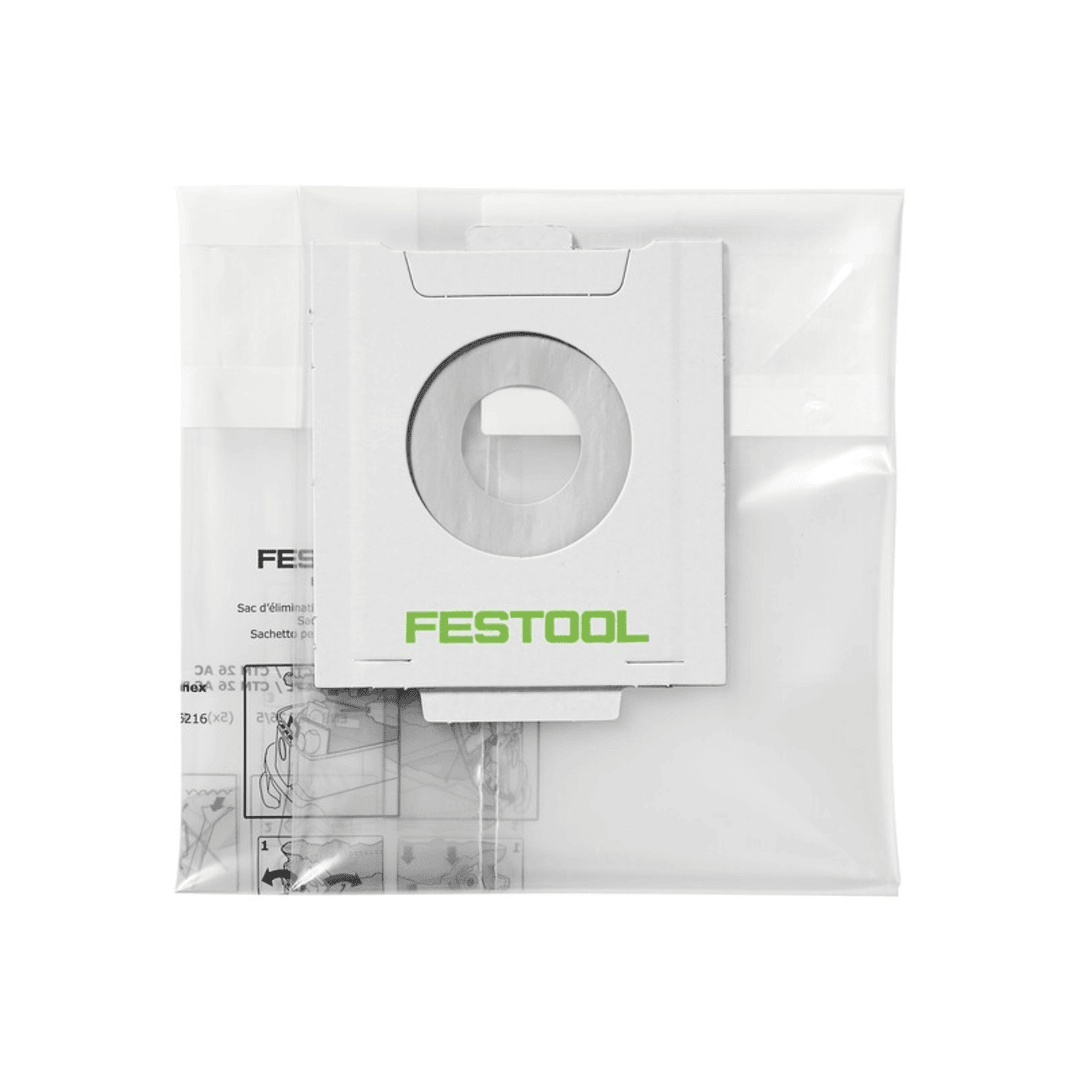 Transparent disposable dust collection bag with cardboard collar labeled Festool for tools and home improvement use